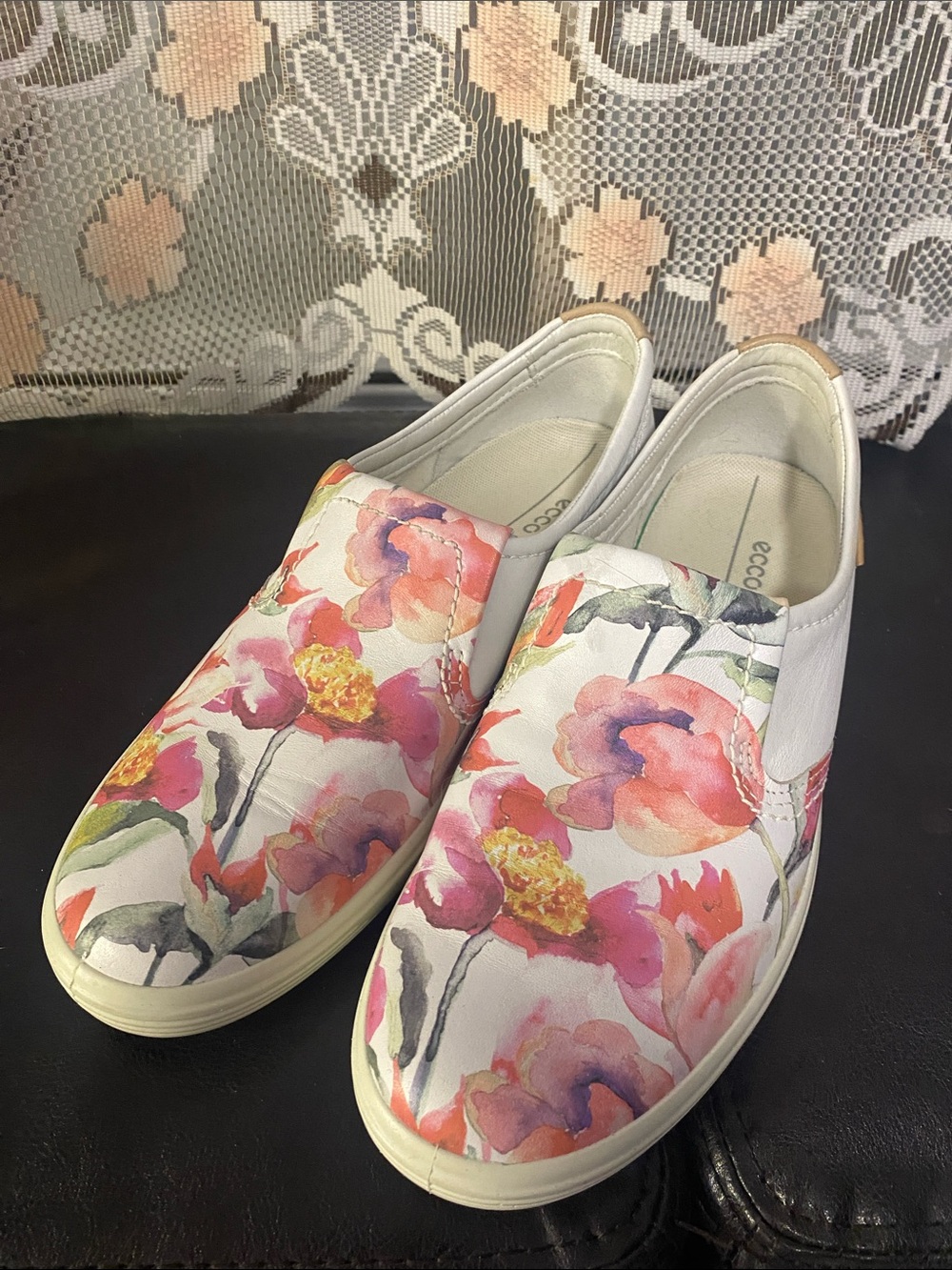 Ecco Women's White Slip-On Mules with Pink Floral Print